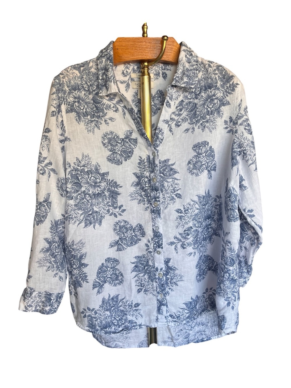 Rachel Zoe 100% Linen White Button-Down Shirt with Blue Floral Print 1X